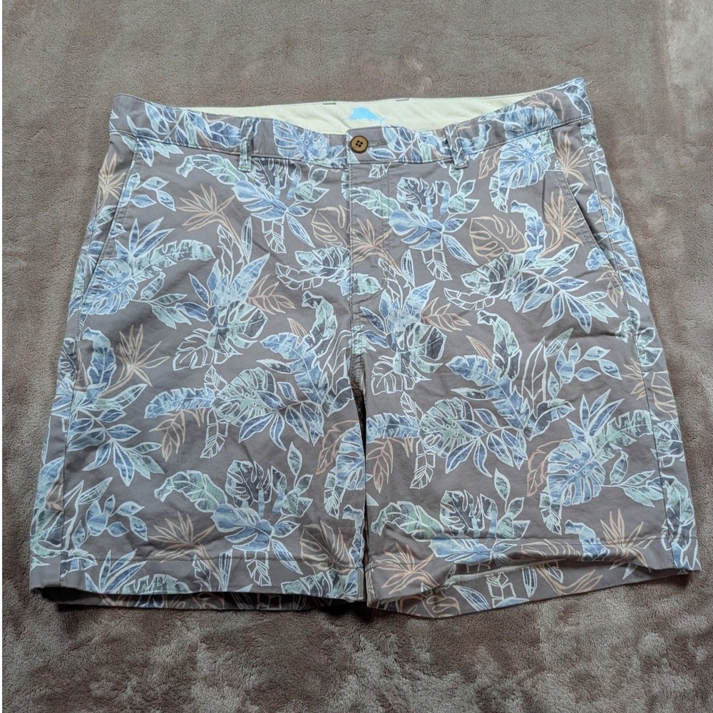 Tommy Bahama Shorts Mens 36 Grey Tropical Palm Leaf Print Flat Front Chino